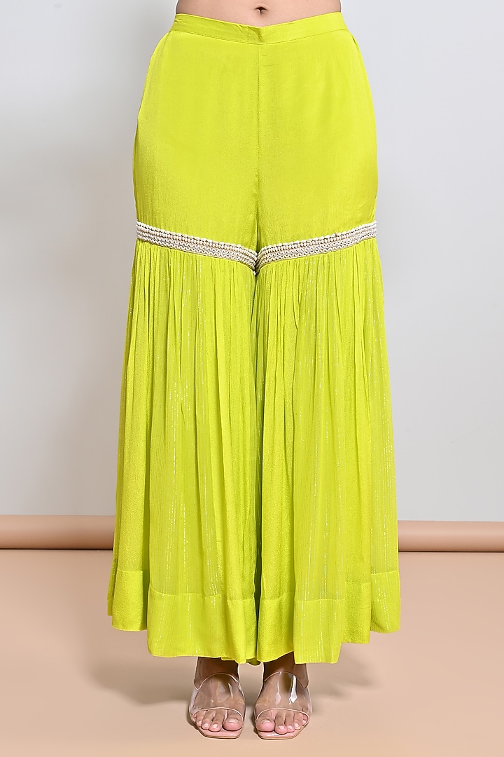 Neon Green Chiffon Crepe Embroidered Gharara Set by Keith Gomes at Pernia's Pop Up Shop