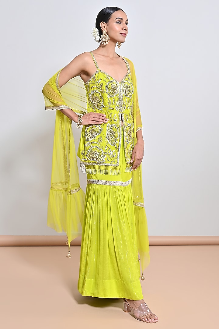 Neon Green Chiffon Crepe Embroidered Gharara Set by Keith Gomes at Pernia's Pop Up Shop