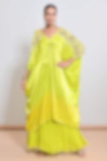 Neon Green Satin Mirror Embellished Kaftan Set by Keith Gomes at Pernia's Pop Up Shop
