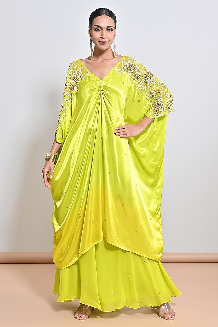 Neon Green Satin Mirror Embellished Kaftan Set by Keith Gomes at Pernia's Pop Up Shop