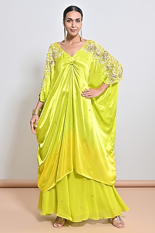 Neon Green Satin Mirror Embellished Kaftan Set by Keith Gomes