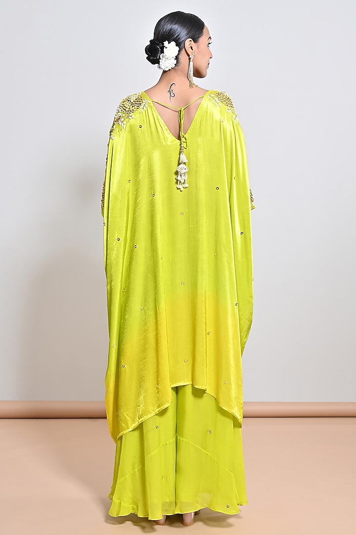 Neon Green Satin Mirror Embellished Kaftan Set by Keith Gomes at Pernia's Pop Up Shop