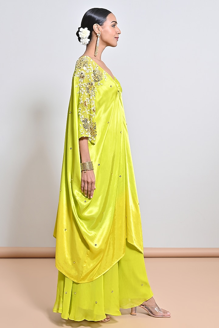 Neon Green Satin Mirror Embellished Kaftan Set by Keith Gomes at Pernia's Pop Up Shop