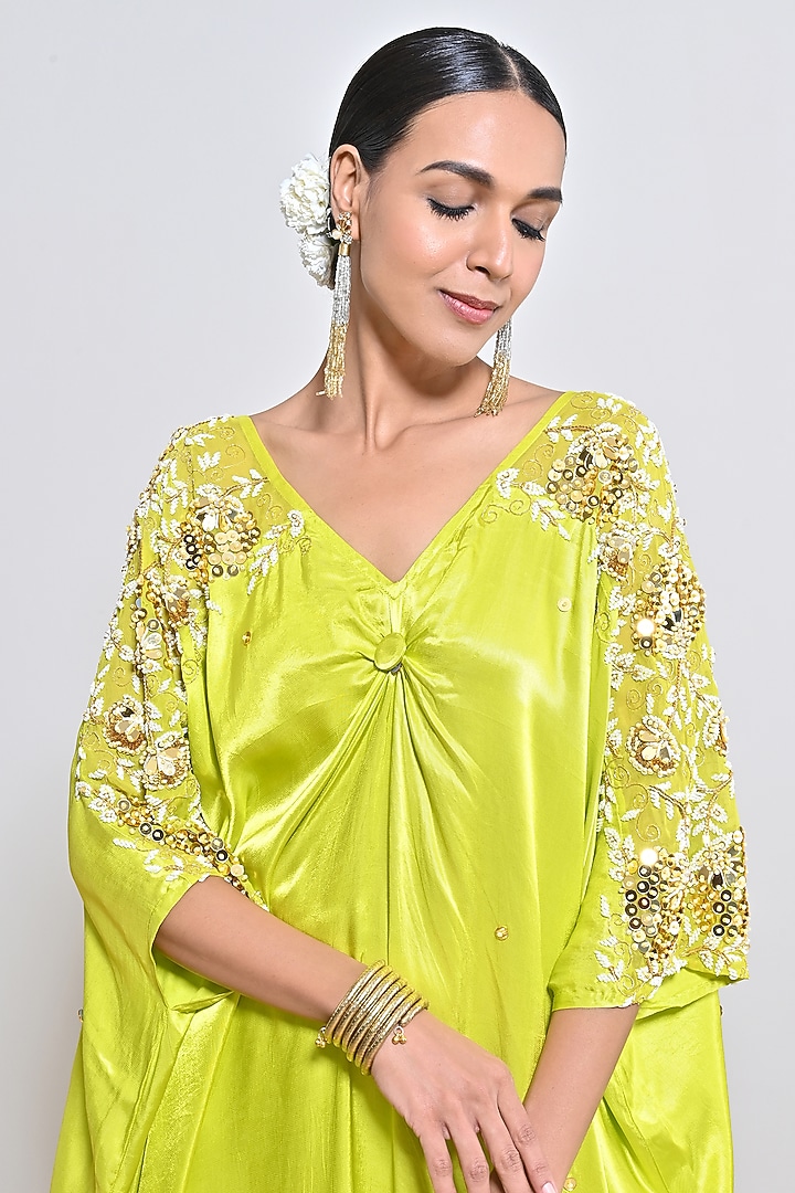 Neon Green Satin Mirror Embellished Kaftan Set by Keith Gomes at Pernia's Pop Up Shop