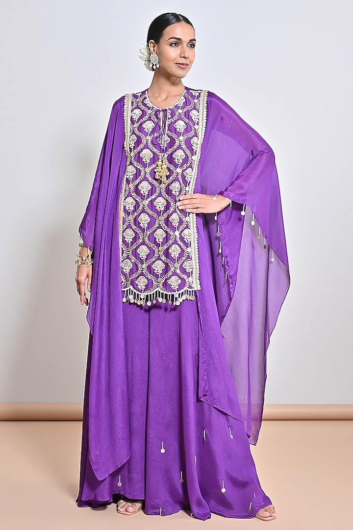 Purple Chiffon Crepe Floral Motif Embroidered Tunic Set by Keith Gomes at Pernia's Pop Up Shop