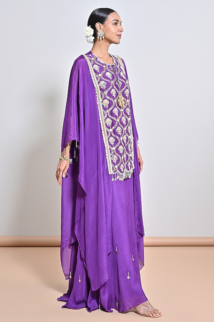 Purple Chiffon Crepe Floral Motif Embroidered Tunic Set by Keith Gomes at Pernia's Pop Up Shop