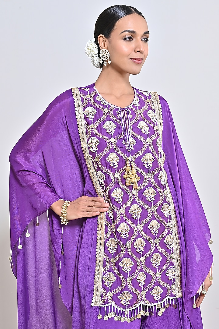 Purple Chiffon Crepe Floral Motif Embroidered Tunic Set by Keith Gomes at Pernia's Pop Up Shop