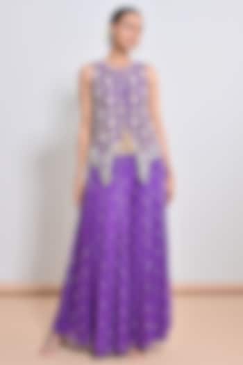 Purple Georgette Floral Motif Embroidered Tunic Set by Keith Gomes at Pernia's Pop Up Shop