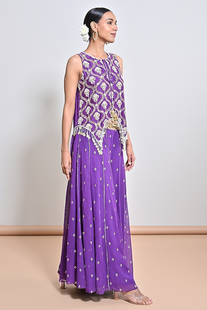 Purple Georgette Floral Motif Embroidered Tunic Set by Keith Gomes at Pernia's Pop Up Shop