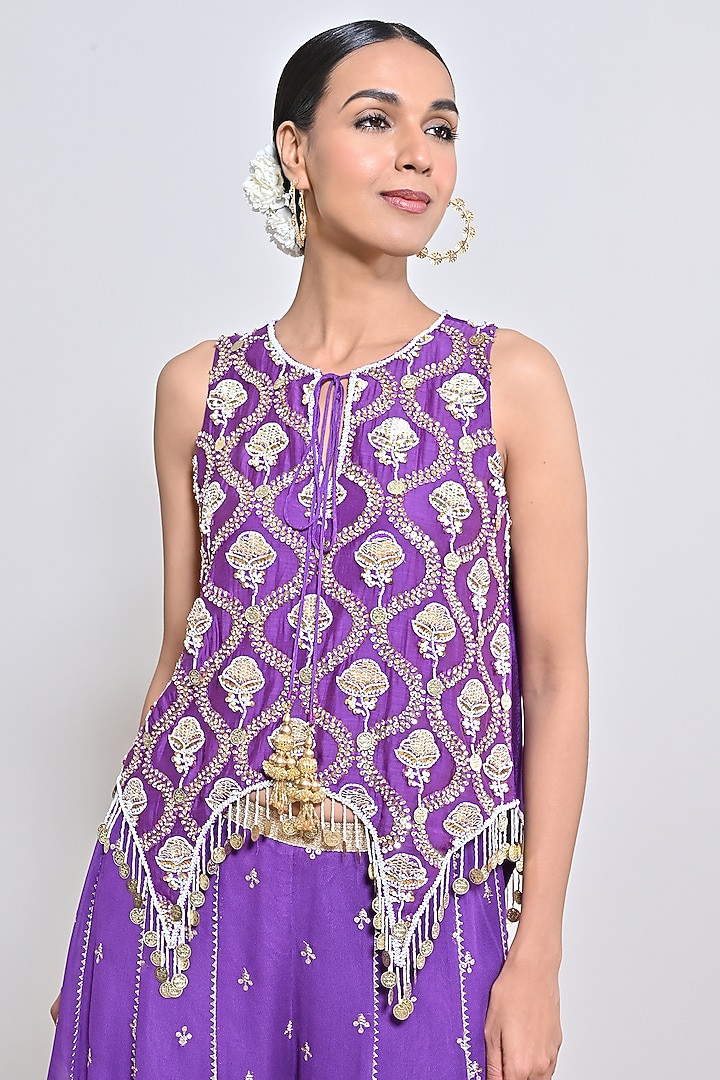 Purple Georgette Floral Motif Embroidered Tunic Set by Keith Gomes at Pernia's Pop Up Shop