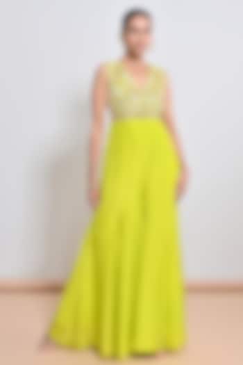 Neon Green Silk Organza Mirror Embellished Jumpsuit by Keith Gomes at Pernia's Pop Up Shop