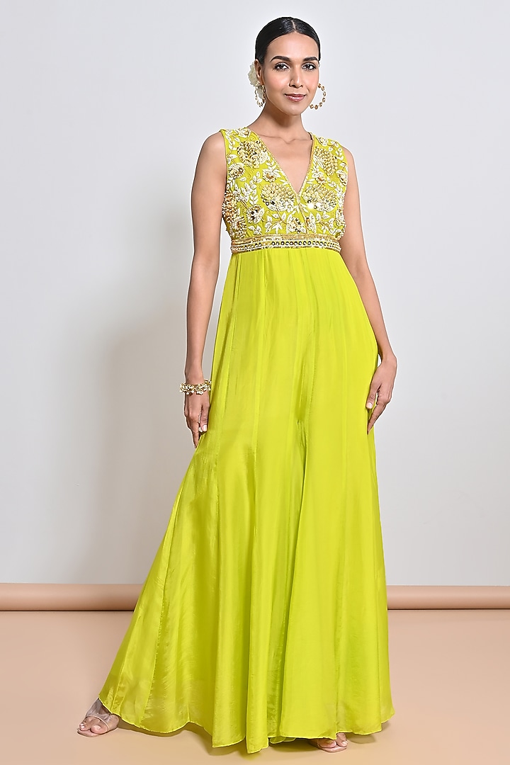 Neon Green Silk Organza Mirror Embellished Jumpsuit by Keith Gomes at Pernia's Pop Up Shop