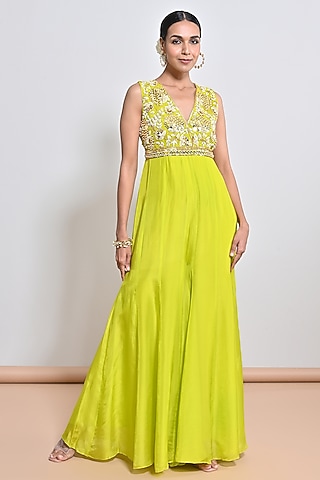 Neon Green Silk Organza Mirror Embellished Jumpsuit by Keith Gomes