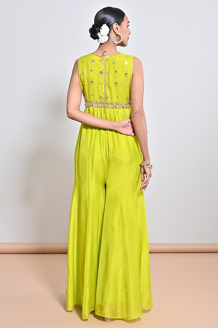 Neon Green Silk Organza Mirror Embellished Jumpsuit by Keith Gomes at Pernia's Pop Up Shop