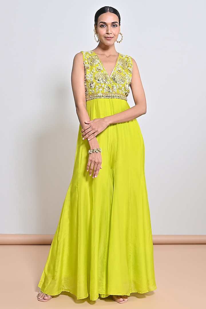 Neon Green Silk Organza Mirror Embellished Jumpsuit by Keith Gomes at Pernia's Pop Up Shop