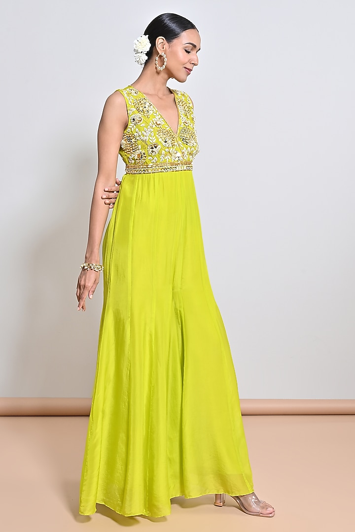 Neon Green Silk Organza Mirror Embellished Jumpsuit by Keith Gomes at Pernia's Pop Up Shop
