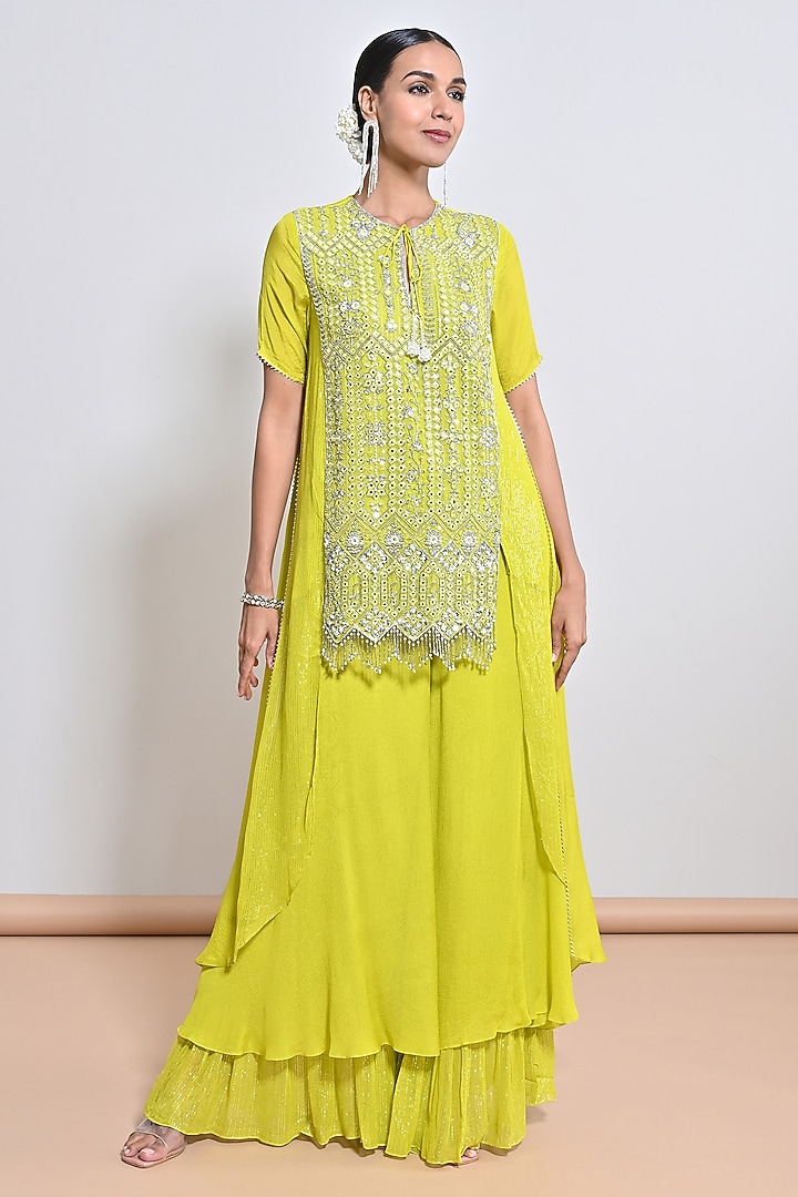 Neon Green Chiffon Crepe Sequins Embellished Tunic Set by Keith Gomes at Pernia's Pop Up Shop