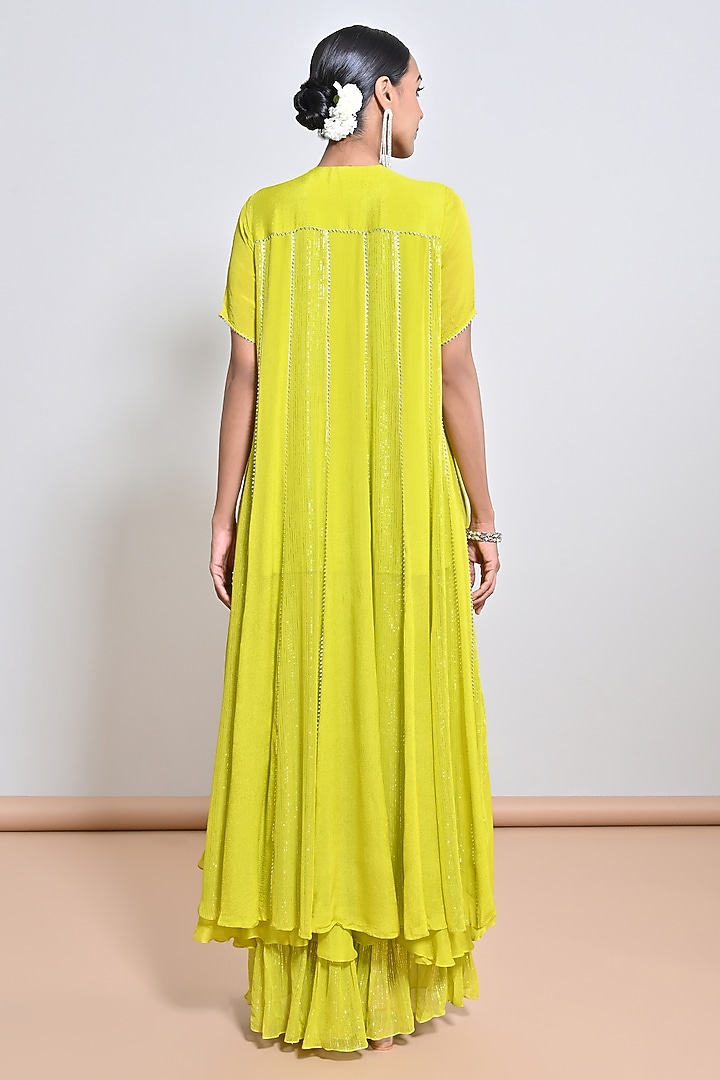 Neon Green Chiffon Crepe Sequins Embellished Tunic Set by Keith Gomes at Pernia's Pop Up Shop