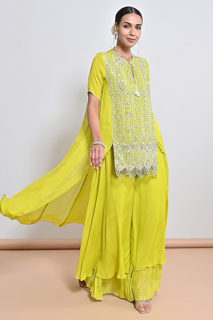 Neon Green Chiffon Crepe Sequins Embellished Tunic Set by Keith Gomes at Pernia's Pop Up Shop
