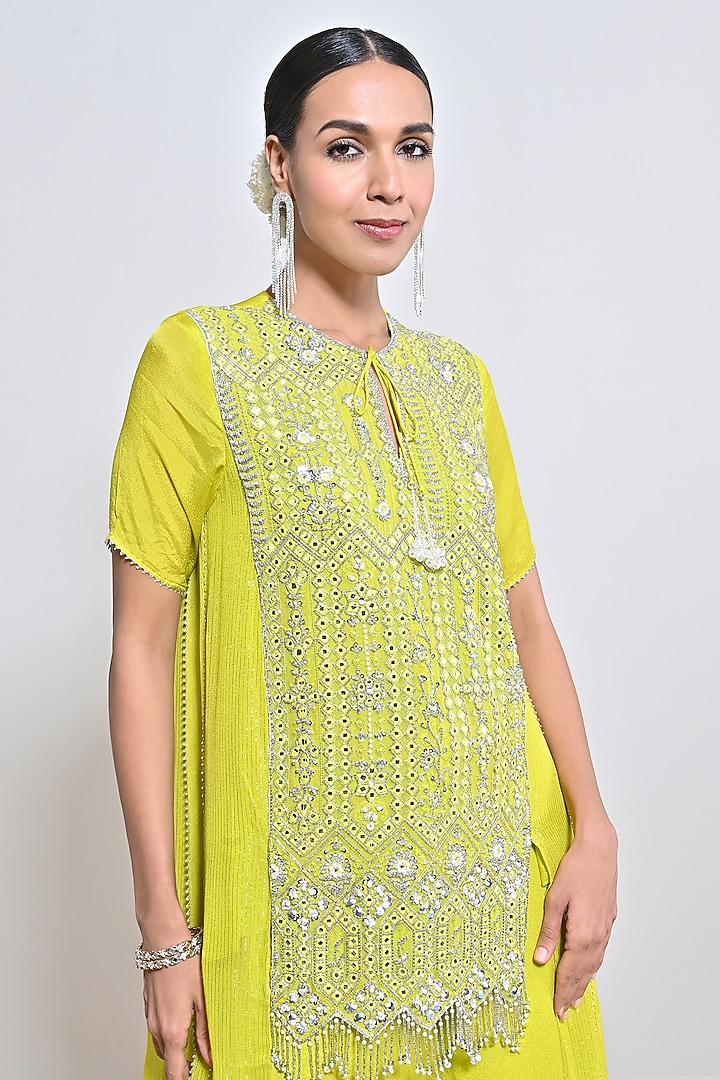 Neon Green Chiffon Crepe Sequins Embellished Tunic Set by Keith Gomes at Pernia's Pop Up Shop