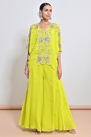 Neon Green Crepe Sequins Embroidered Kaftan Set by Keith Gomes
