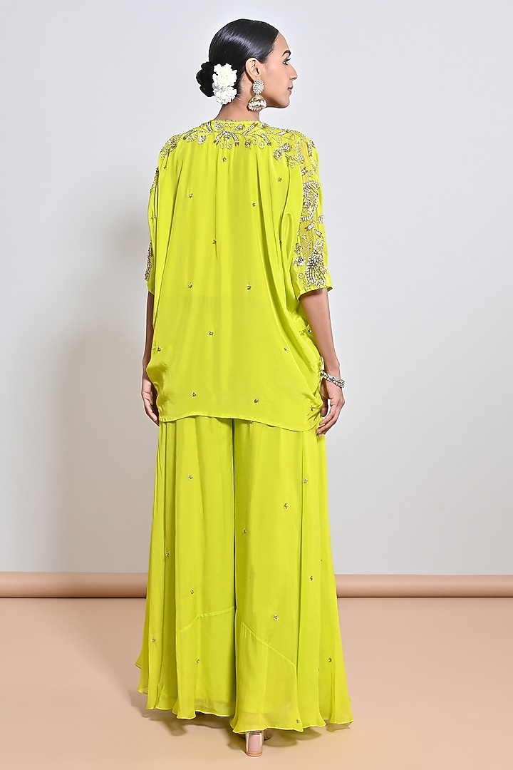 Neon Green Crepe Sequins Embroidered Kaftan Set by Keith Gomes at Pernia's Pop Up Shop