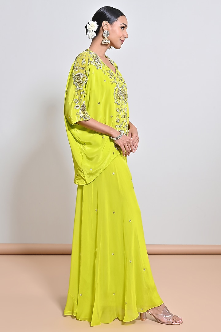 Neon Green Crepe Sequins Embroidered Kaftan Set by Keith Gomes at Pernia's Pop Up Shop