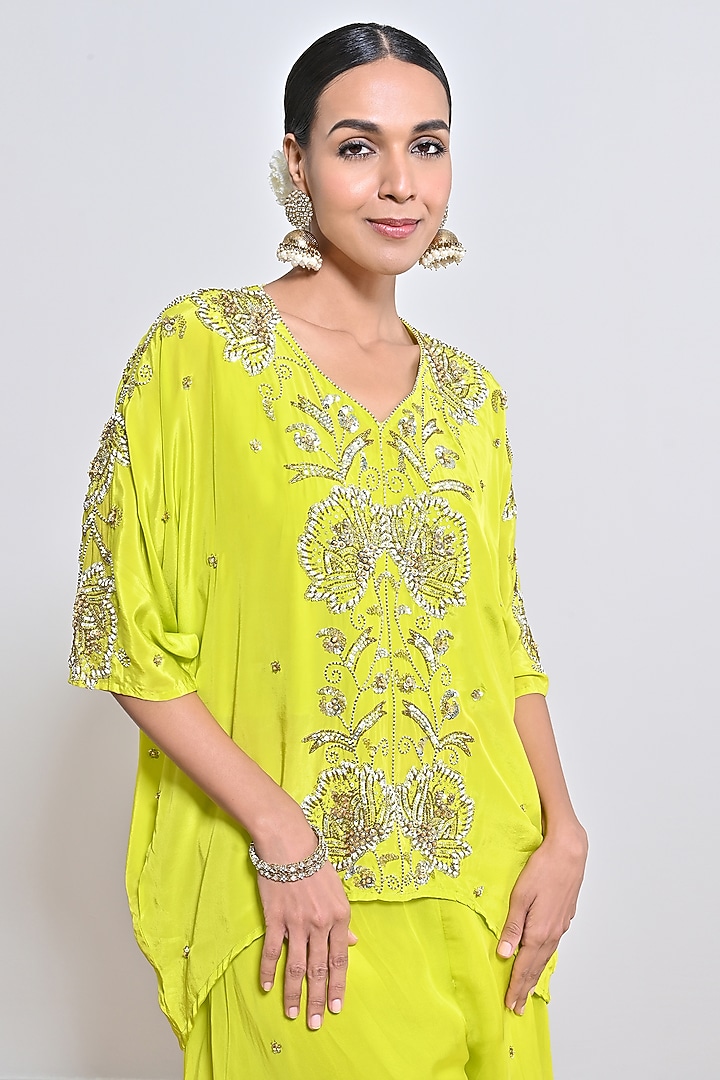 Neon Green Crepe Sequins Embroidered Kaftan Set by Keith Gomes at Pernia's Pop Up Shop
