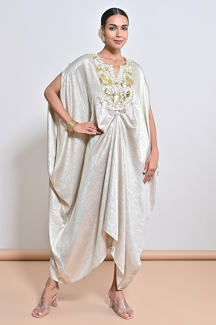 Gold Crepe Mirror Embellished Kaftan by Keith Gomes at Pernia's Pop Up Shop