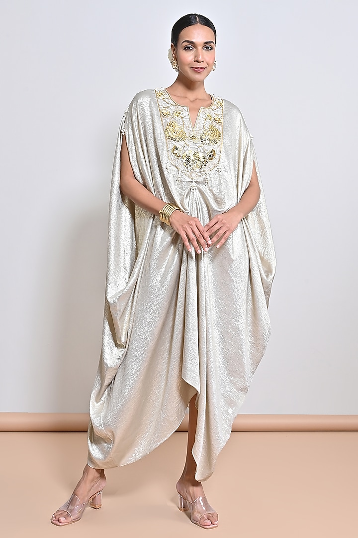 Gold Crepe Mirror Embellished Kaftan by Keith Gomes at Pernia's Pop Up Shop
