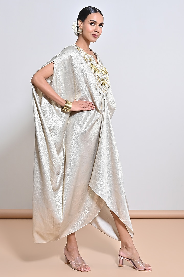 Gold Crepe Mirror Embellished Kaftan by Keith Gomes at Pernia's Pop Up Shop