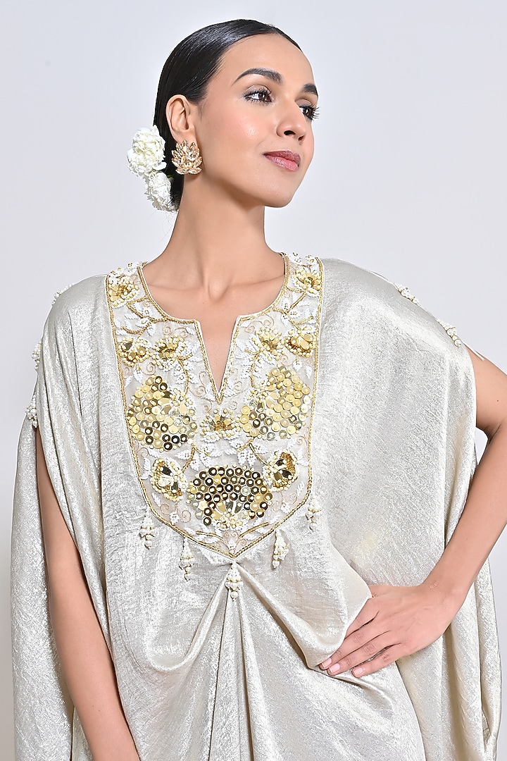 Gold Crepe Mirror Embellished Kaftan by Keith Gomes at Pernia's Pop Up Shop