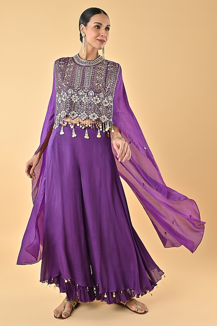 Purple Silk Organza Floral Sequins Embroidered Cape Set by Keith Gomes at Pernia's Pop Up Shop