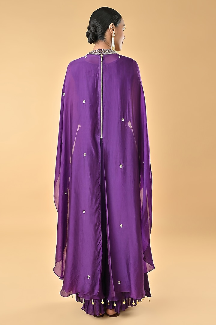 Purple Silk Organza Floral Sequins Embroidered Cape Set by Keith Gomes at Pernia's Pop Up Shop
