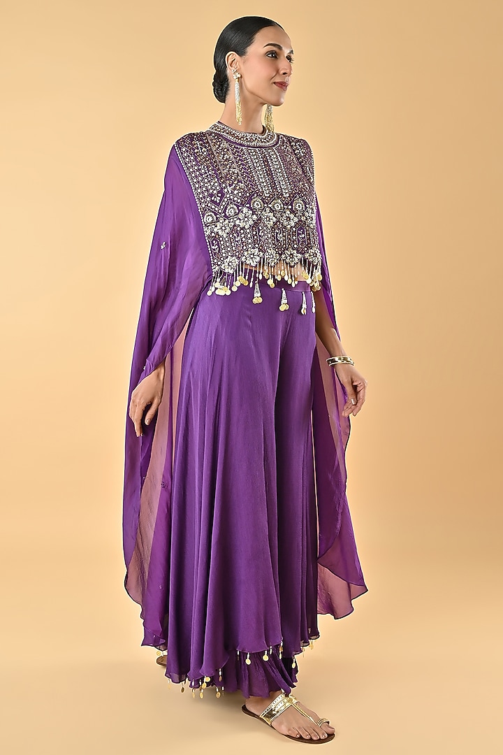 Purple Silk Organza Floral Sequins Embroidered Cape Set by Keith Gomes at Pernia's Pop Up Shop