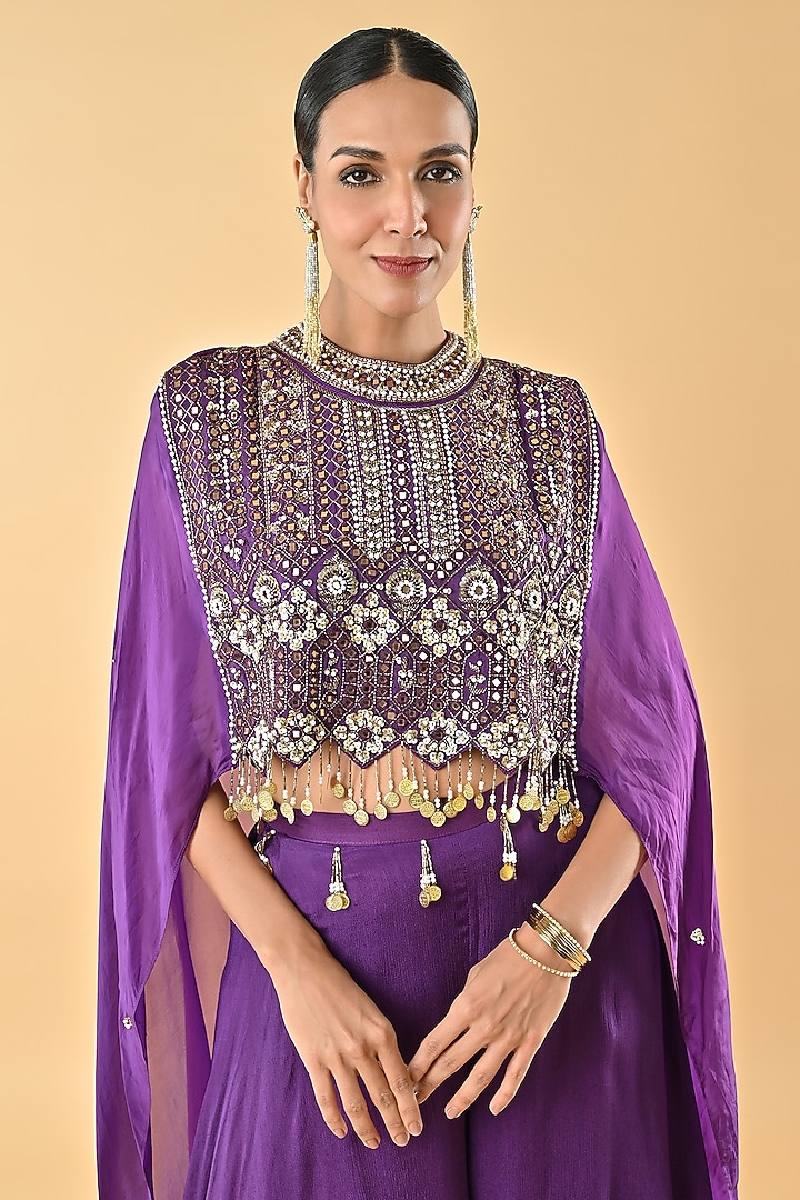 Purple Silk Organza Floral Sequins Embroidered Cape Set by Keith Gomes at Pernia's Pop Up Shop