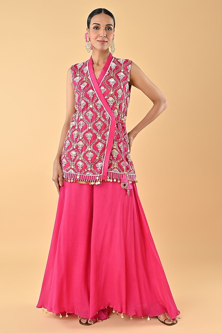 Pink Chiffon Crepe Floral Sequins Embroidered Tunic Set by Keith Gomes at Pernia's Pop Up Shop