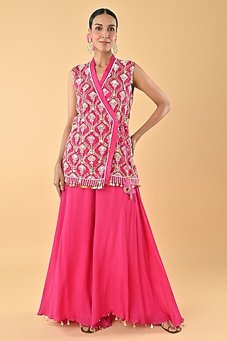 Pink Chiffon Crepe Floral Sequins Embroidered Tunic Set by Keith Gomes
