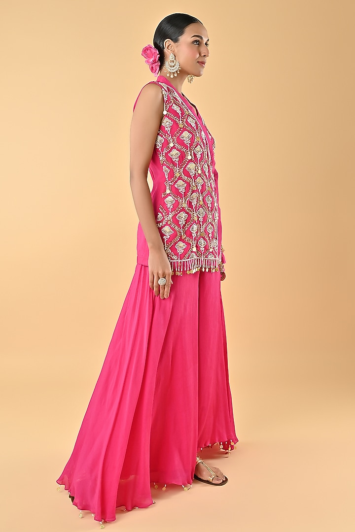 Pink Chiffon Crepe Floral Sequins Embroidered Tunic Set by Keith Gomes at Pernia's Pop Up Shop