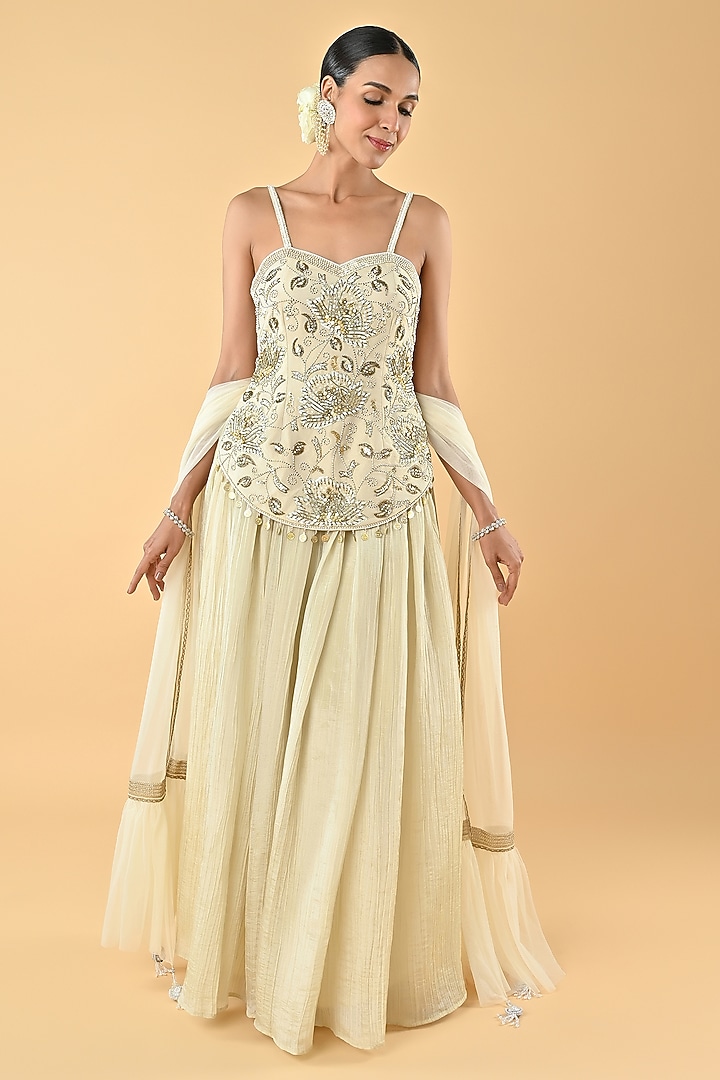 Ivory Tissue Silk Mirror Embellished Tunic Set by Keith Gomes at Pernia's Pop Up Shop