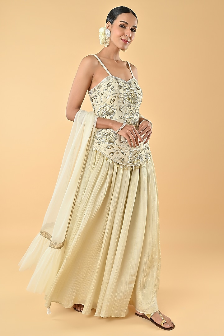 Ivory Tissue Silk Mirror Embellished Tunic Set by Keith Gomes at Pernia's Pop Up Shop