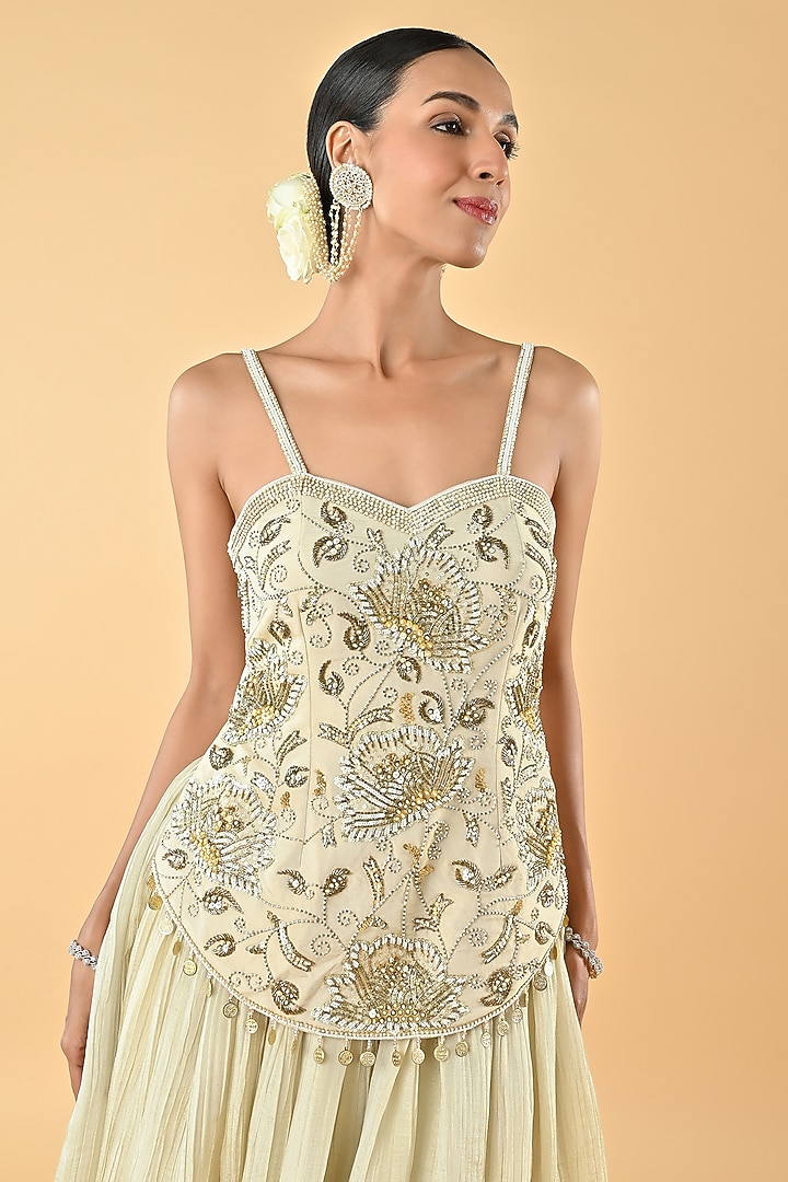Ivory Tissue Silk Mirror Embellished Tunic Set by Keith Gomes at Pernia's Pop Up Shop