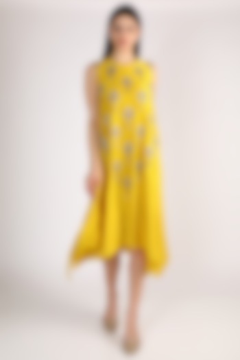 Mustard Embroidered Dress With Tassels by Keith Gomes