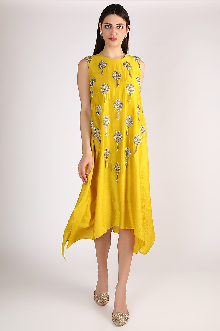 Mustard Embroidered Dress With Tassels by Keith Gomes