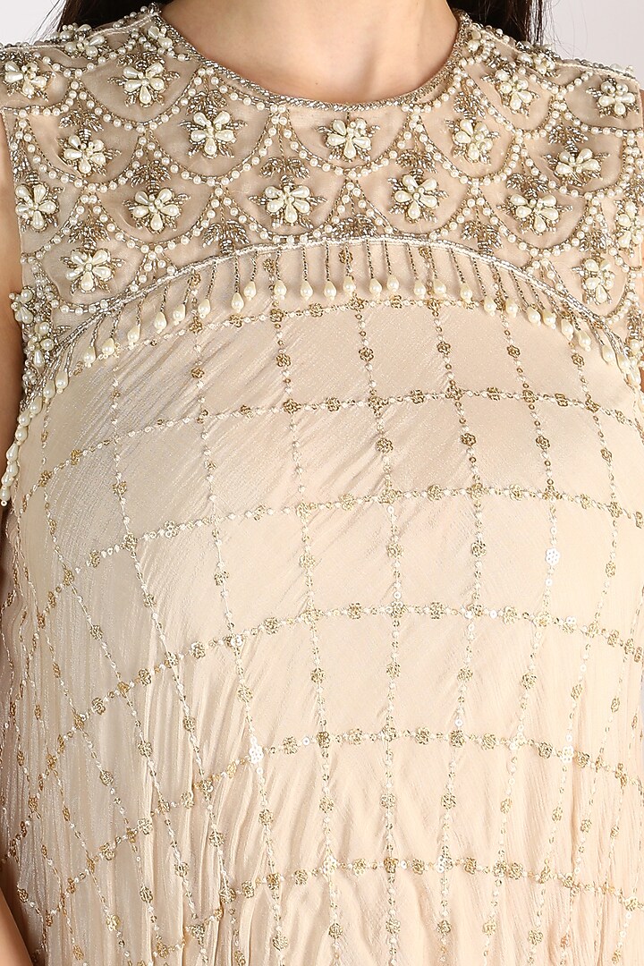 Beige Embroidered Tiered Vacation Dress by Keith Gomes at Pernia's Pop Up Shop