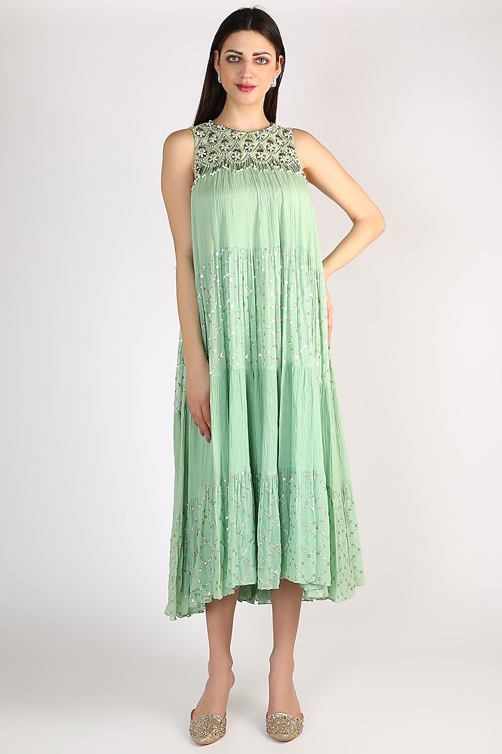 Mint Green Embroidered Tiered Dress by Keith Gomes