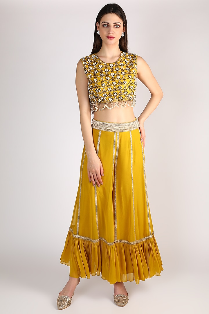 Mustard Embroidered Palazzo Pant Set by Keith Gomes