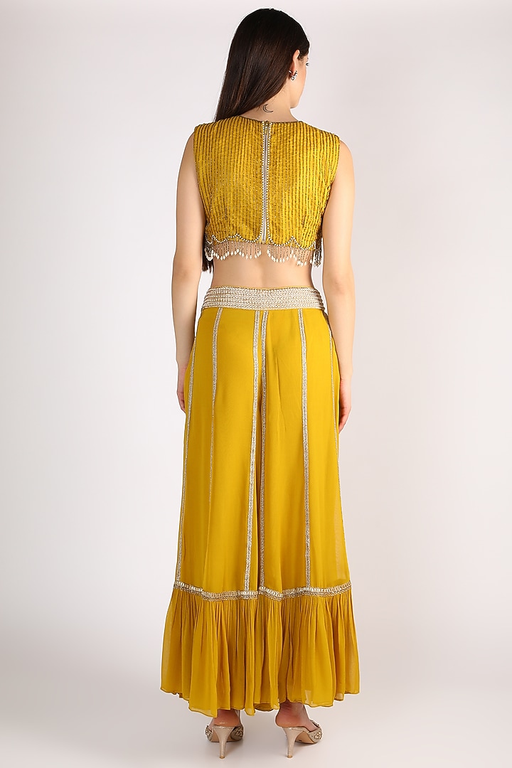 Mustard Embroidered Palazzo Pant Set by Keith Gomes at Pernia's Pop Up Shop