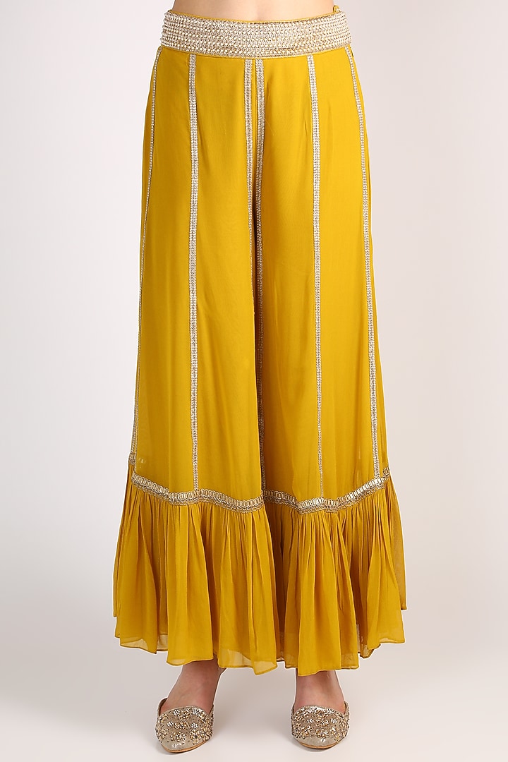 Mustard Embroidered Palazzo Pant Set by Keith Gomes at Pernia's Pop Up Shop