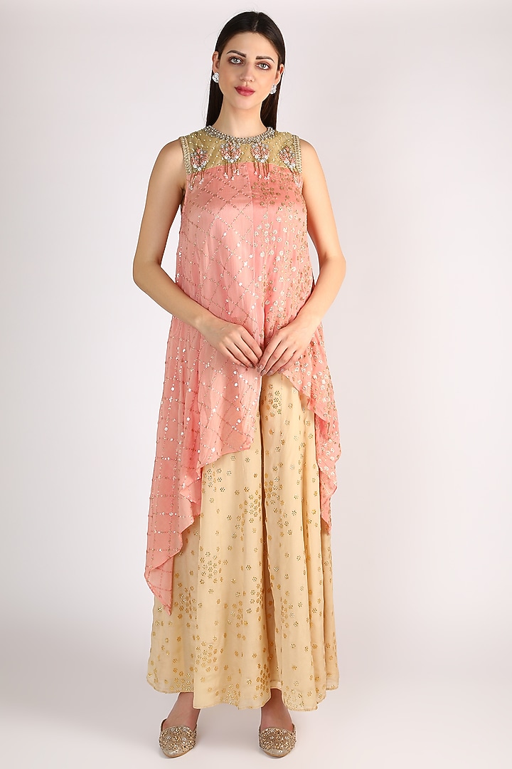Peach Gold Embroidered Tunic Set by Keith Gomes at Pernia's Pop Up Shop